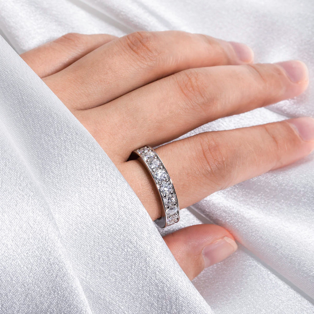 The Ora Band worn — 3.5mm moissanite full eternity band, 18K white gold plated — Aurora Moissanite