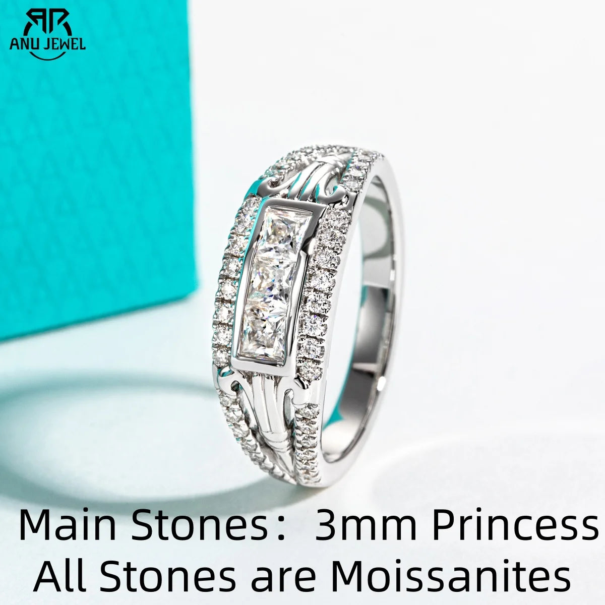 3mm princess moissanite Roman column ring, S925 sterling silver — Aurora Moissanite