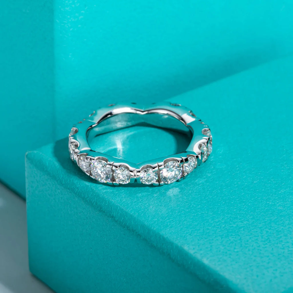 3mm moissanite eternity band, side profile, 18K white gold plated sterling silver — Aurora Moissanite