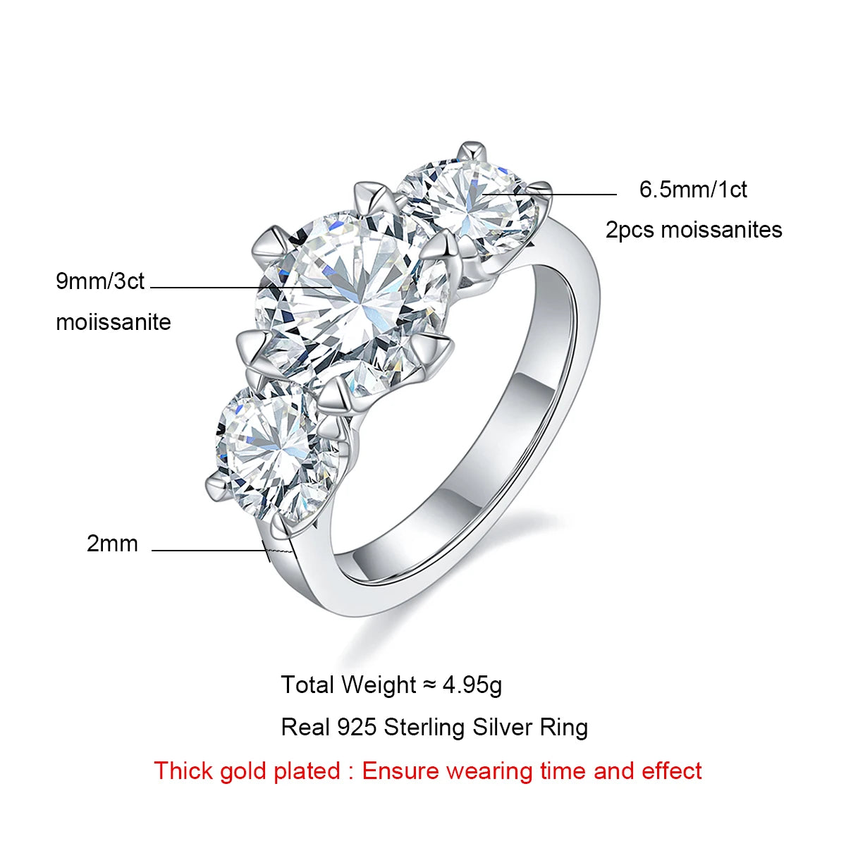 The Reas Ring — 5ct three-stone moissanite, front view — Aurora Moissanite