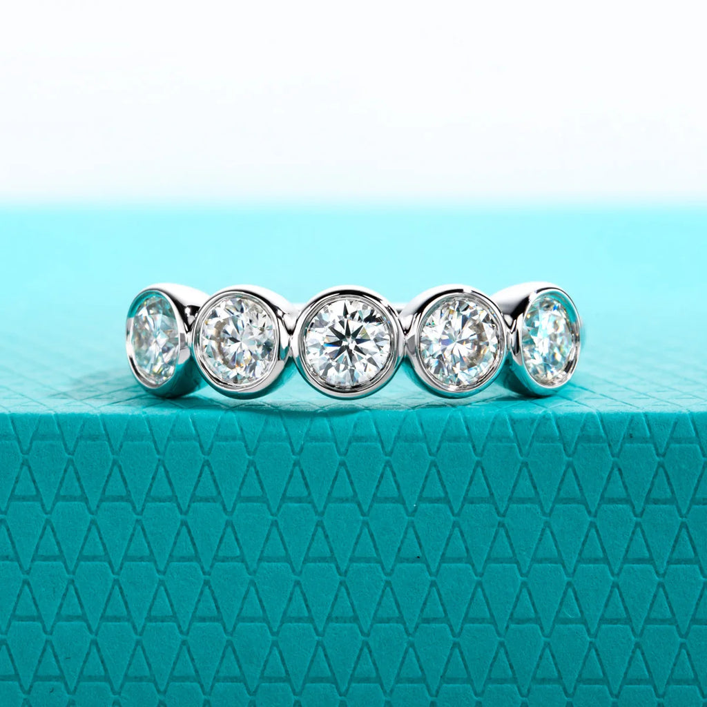 The Arch Band — 4mm moissanite bezel half eternity ring, front view — Aurora Moissanite