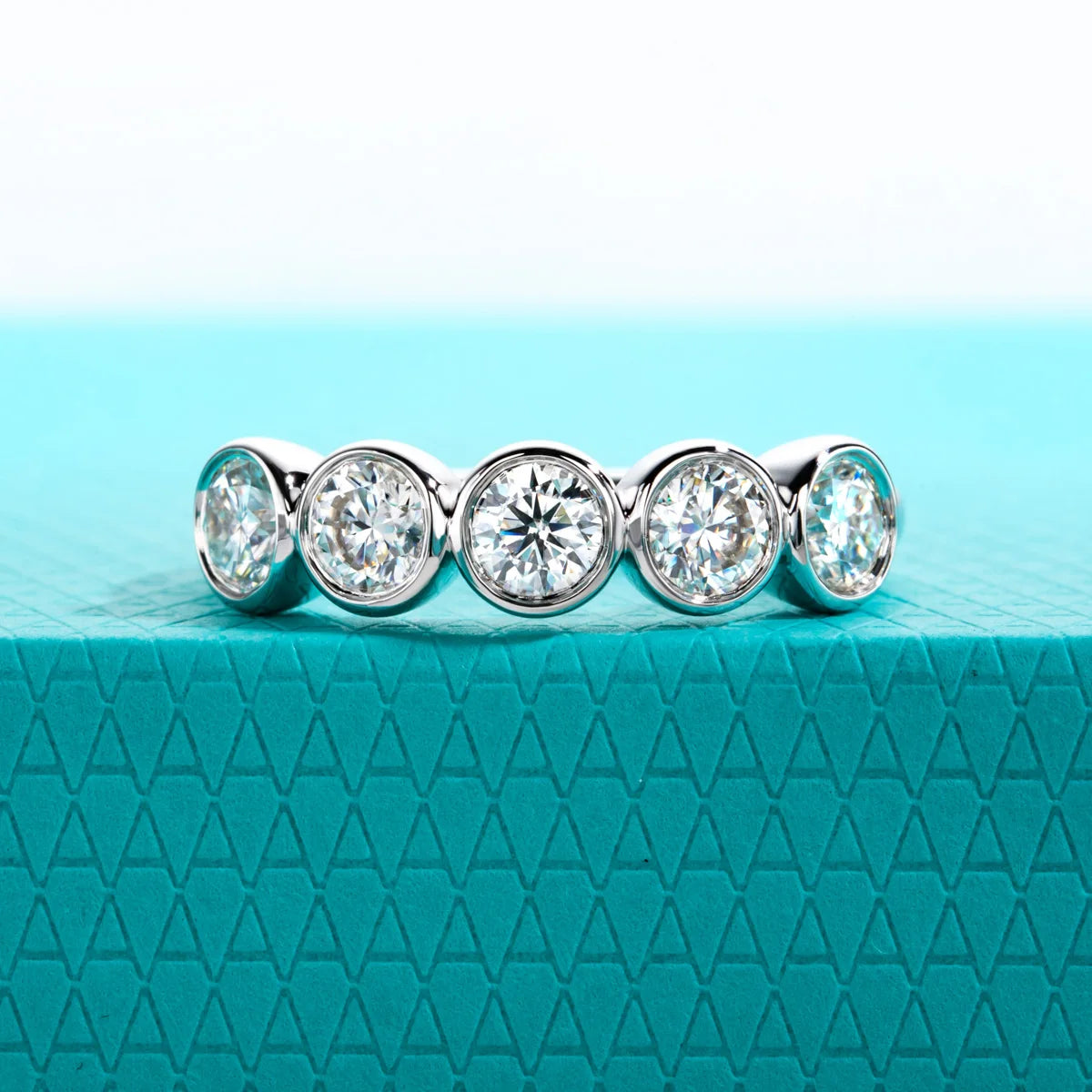 The Arch Band — 4mm moissanite bezel half eternity ring, front view — Aurora Moissanite