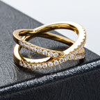 Moissanite crossover ring 1.5mm, D color VVS1, criss-cross pattern detail — Aurora Moissanite