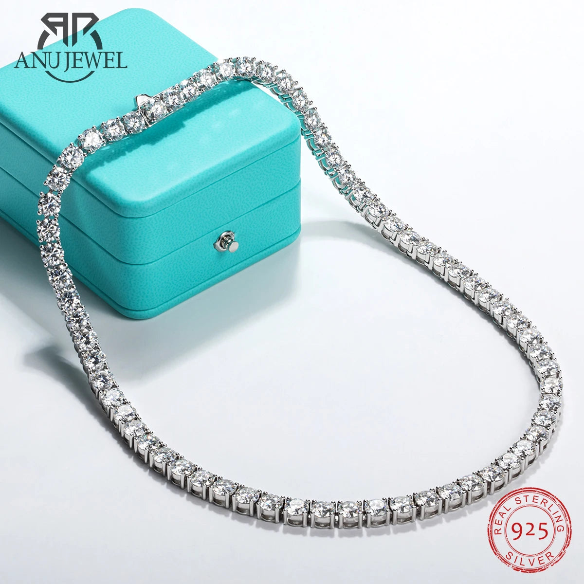 AnuJewe 6.5mm 66cttw D Color Moissanite Diamond Tennis Chain Necklace 925 Sterling Silver 18K Gold Plated Neckalces Jewelry