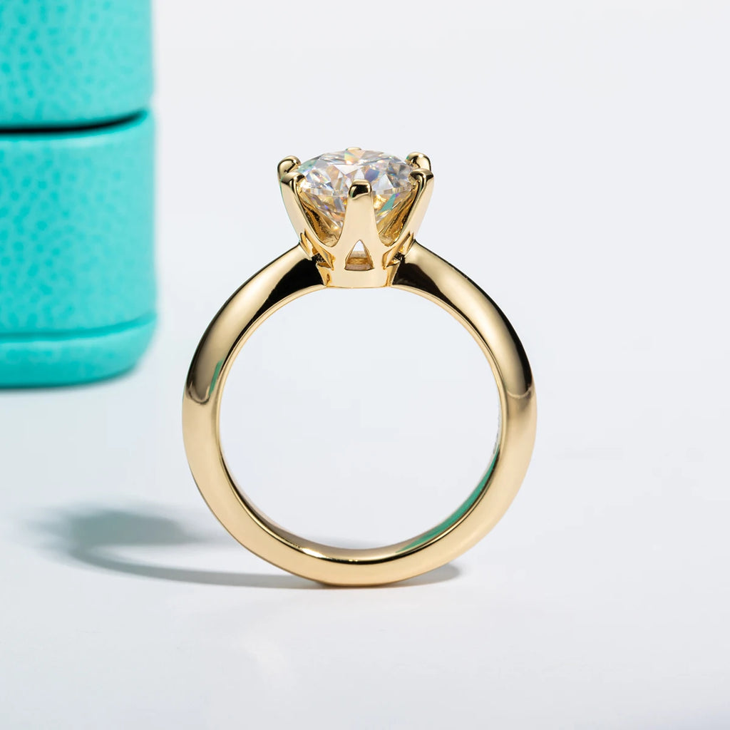 Round moissanite solitaire side profile, 14K yellow gold plated — Aurora Moissanite