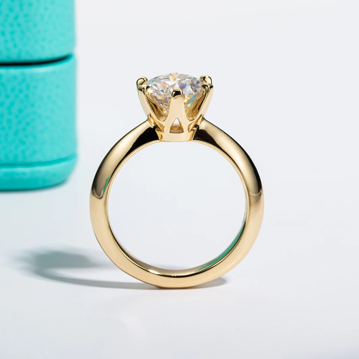 Round moissanite solitaire side profile, 14K yellow gold plated — Aurora Moissanite