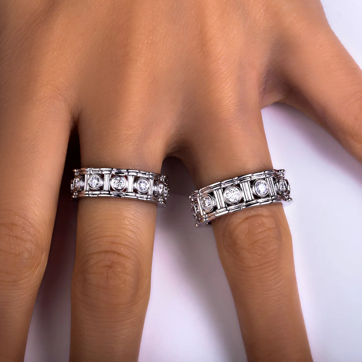 Vale Band 3mm width shown, column-set moissanite — Aurora Moissanite