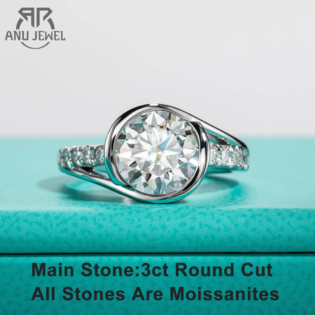 3ct round moissanite bezel engagement ring in S925 sterling silver, white background — Aurora Moissanite