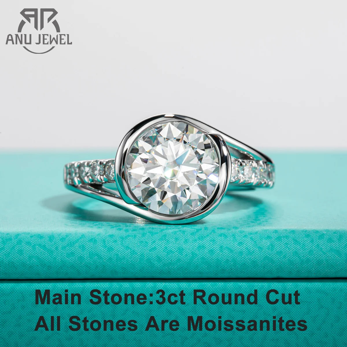 3ct round moissanite bezel engagement ring in S925 sterling silver, white background — Aurora Moissanite