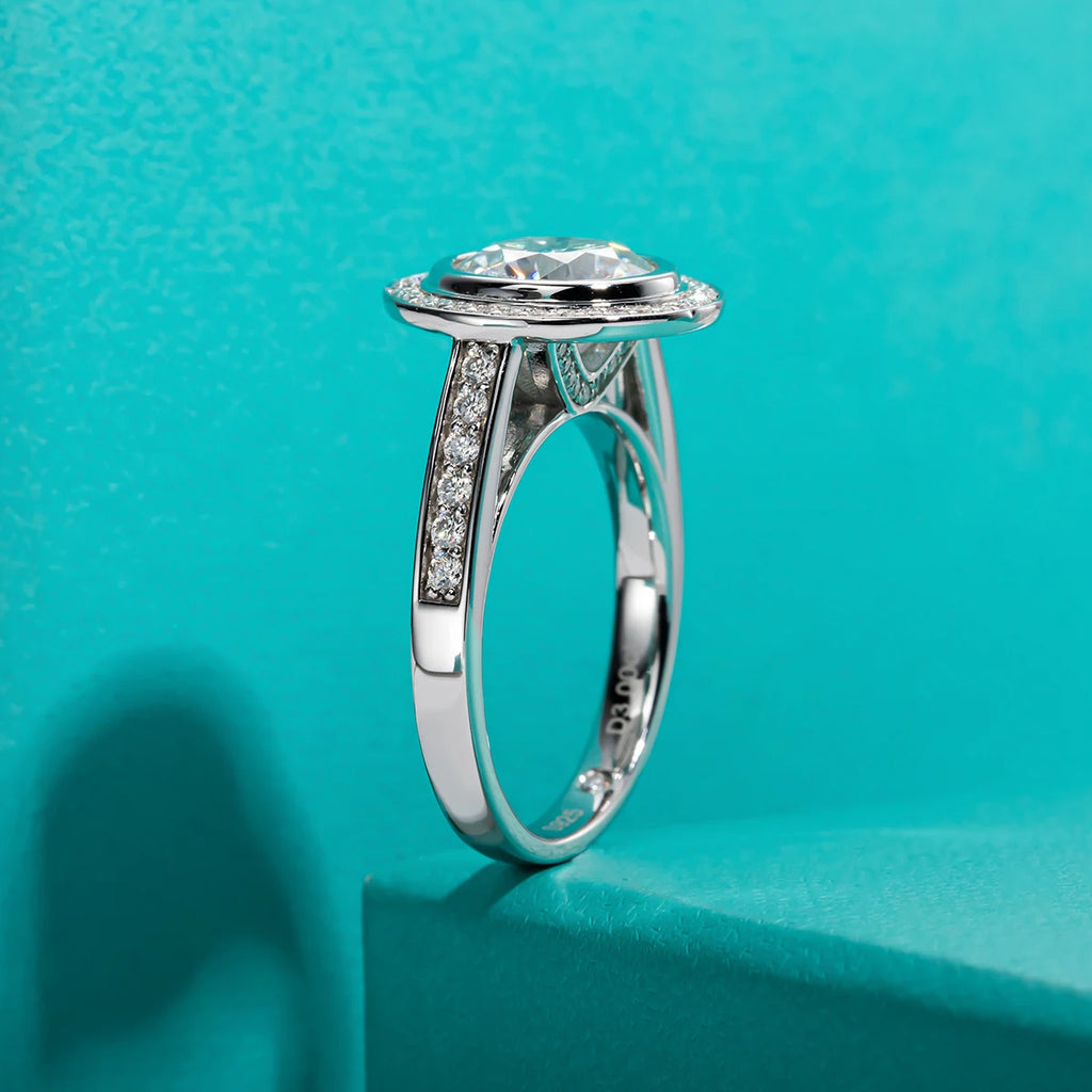 3ct round moissanite halo ring, side profile, S925 sterling silver — Aurora Moissanite
