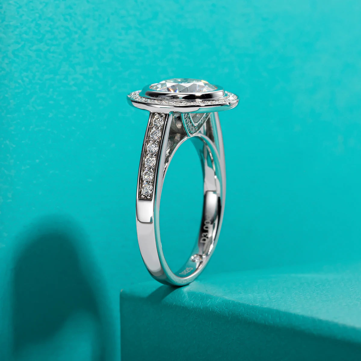 3ct round moissanite halo ring, side profile, S925 sterling silver — Aurora Moissanite