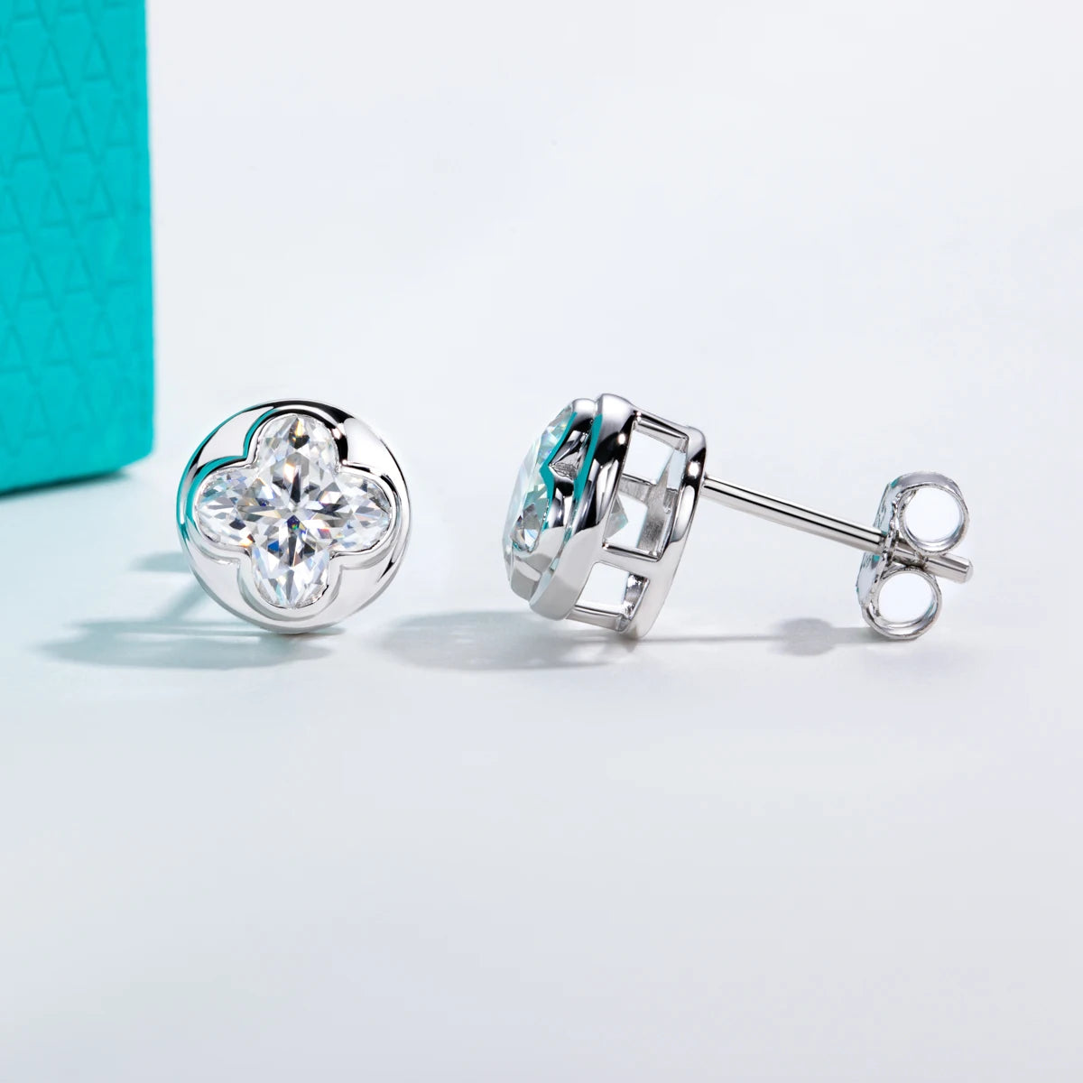 The Fere Earrings — 2cttw clover moissanite bezel studs, front — Aurora Moissanite