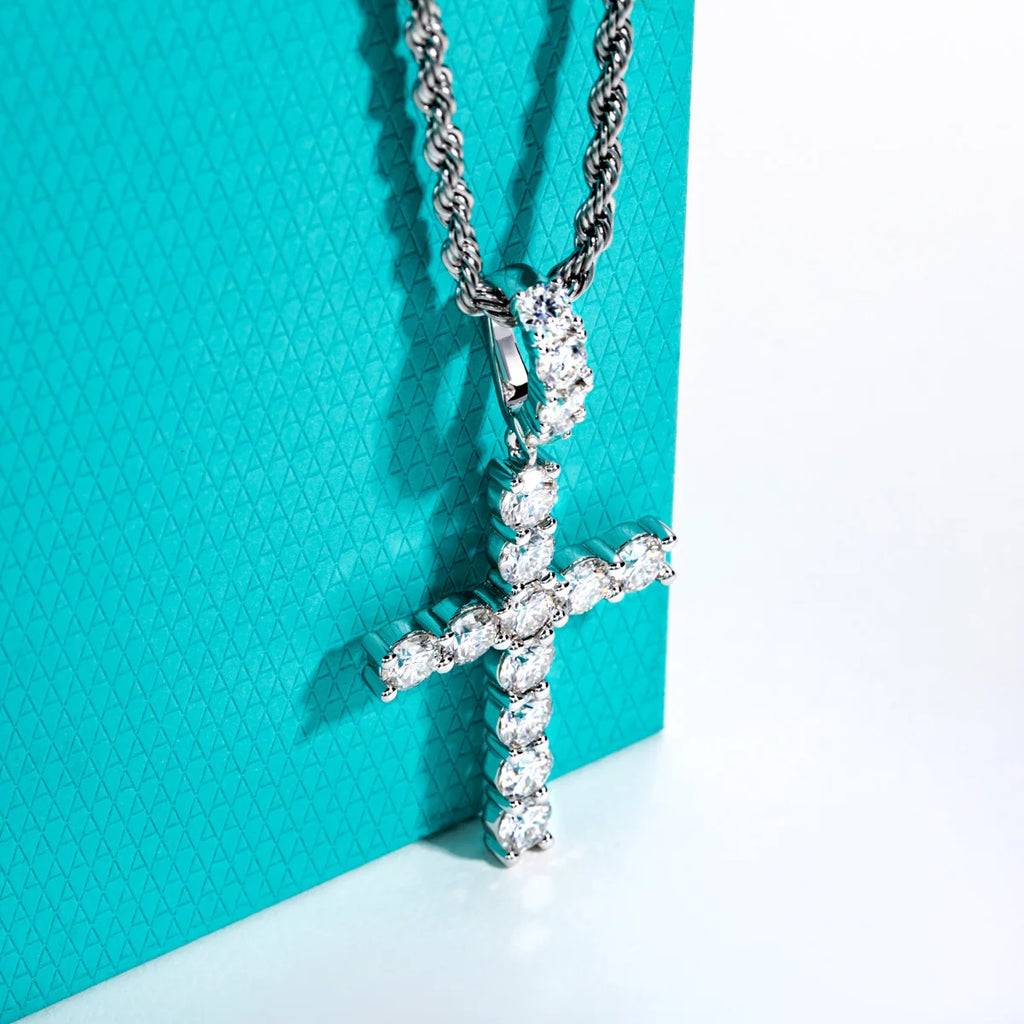 AnuJewel 6.7cttw D Color Moissanite Cross Pendant Layered Hip Hop Necklace 925 Sterling Silver New Age Dope Jewelry for Men