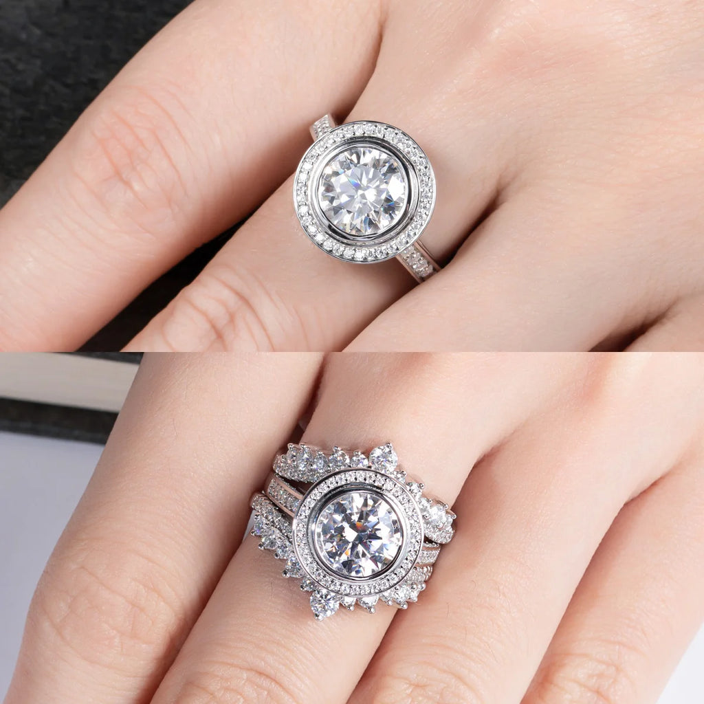 The Reva Ring worn — 3ct round moissanite halo engagement ring, S925 — Aurora Moissanite