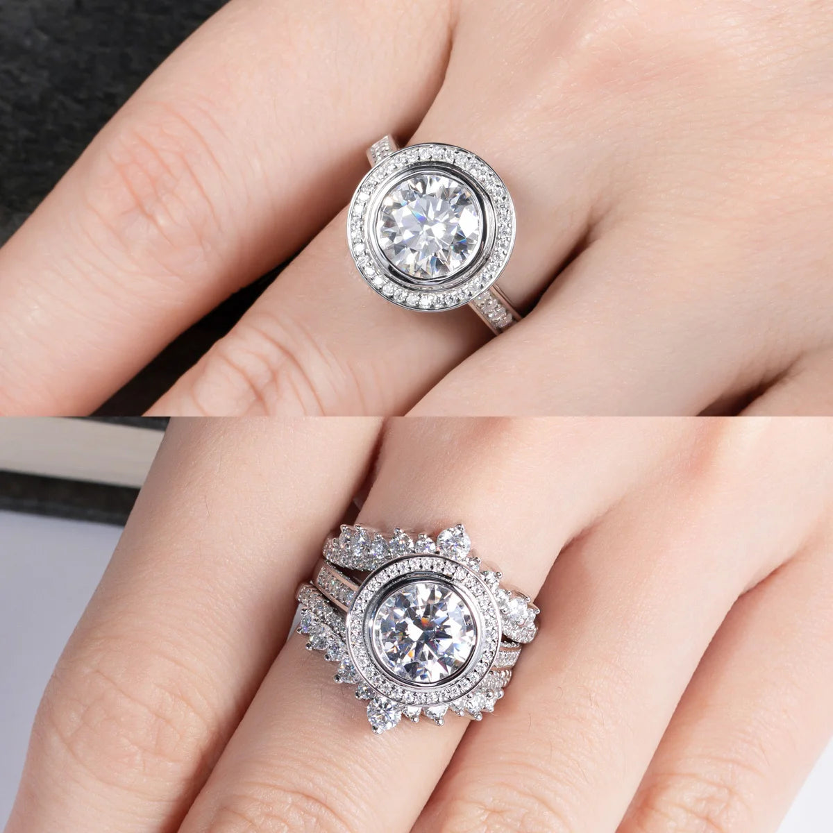 The Reva Ring worn — 3ct round moissanite halo engagement ring, S925 — Aurora Moissanite