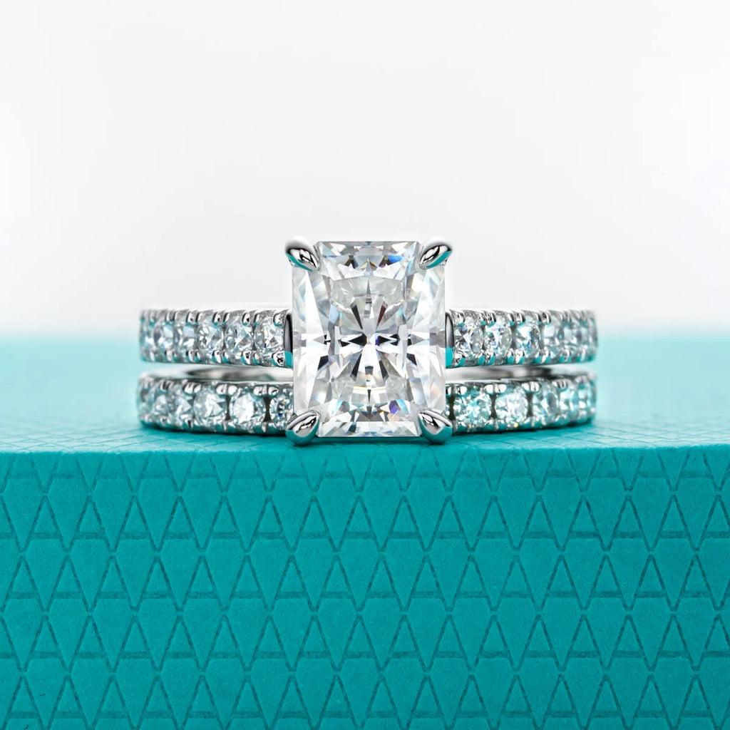 The Kaia Ring worn — 3ct radiant moissanite bridal ring set, S925 — Aurora Moissanite
