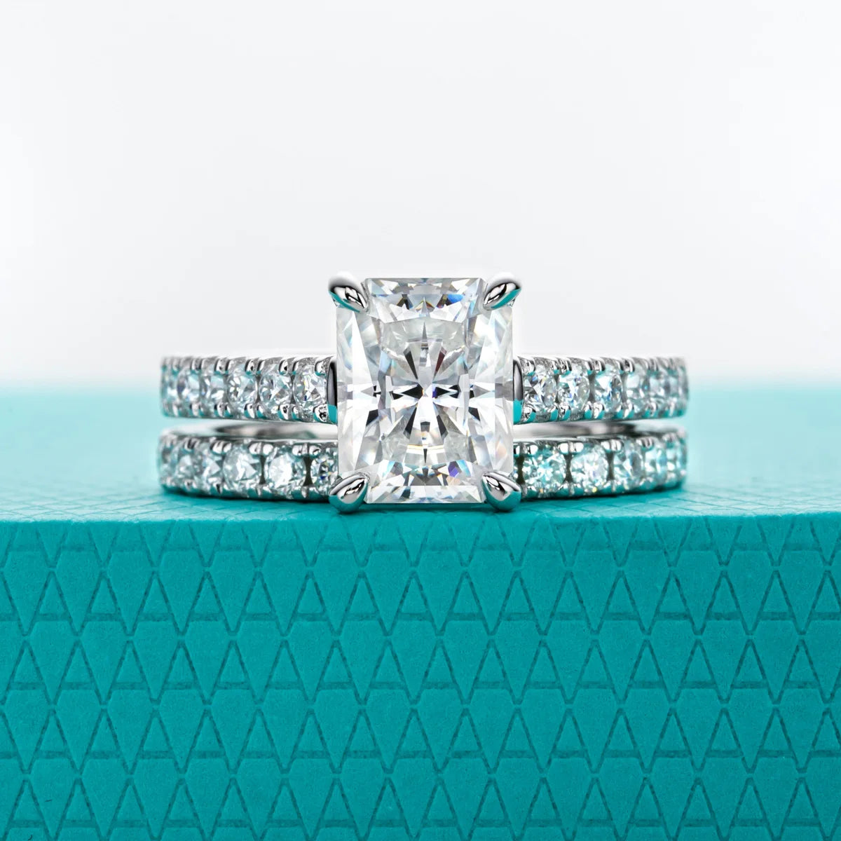 The Kaia Ring worn — 3ct radiant moissanite bridal ring set, S925 — Aurora Moissanite