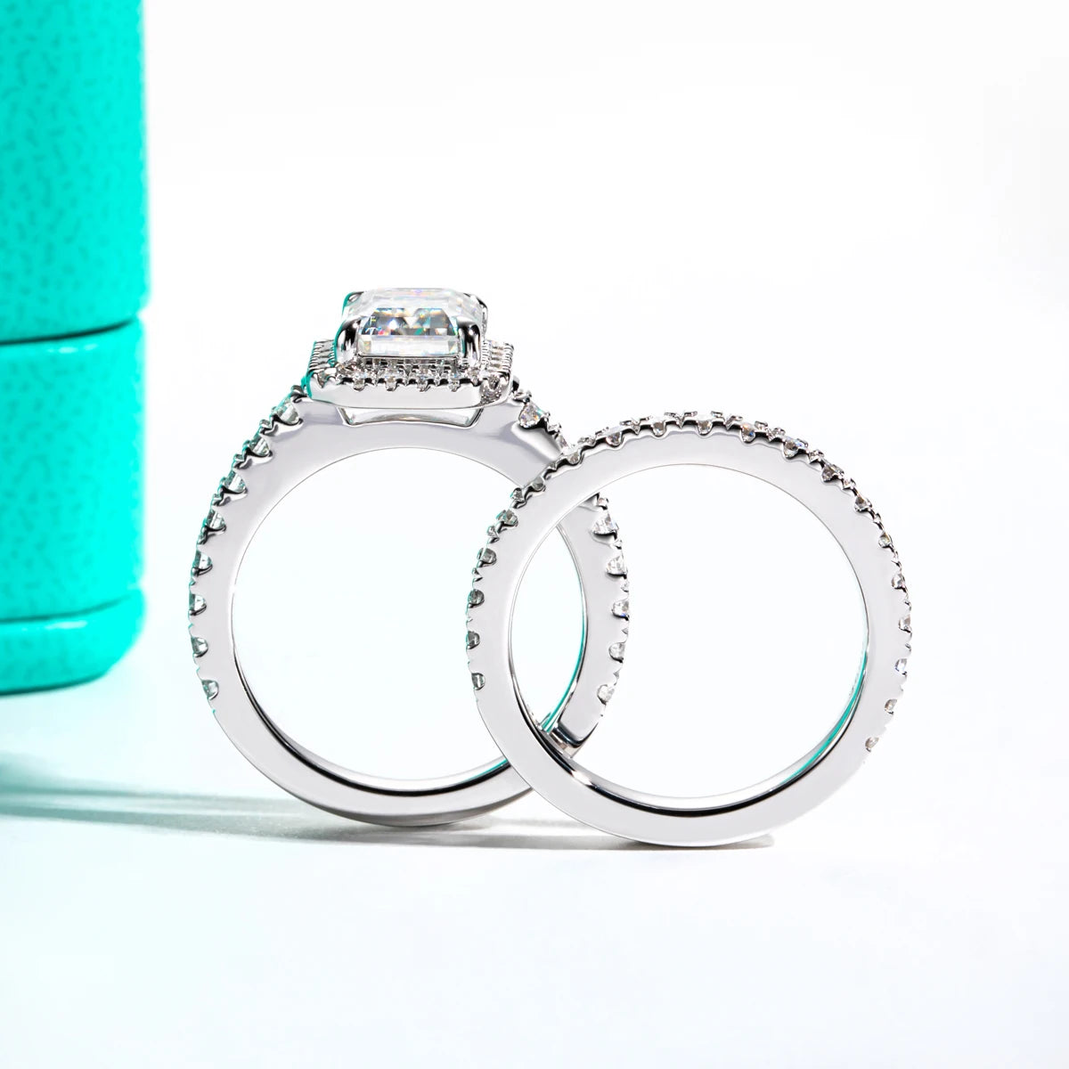 Emerald cut moissanite 3ct halo D color VVS1, vintage setting bridal set — Aurora Moissanite