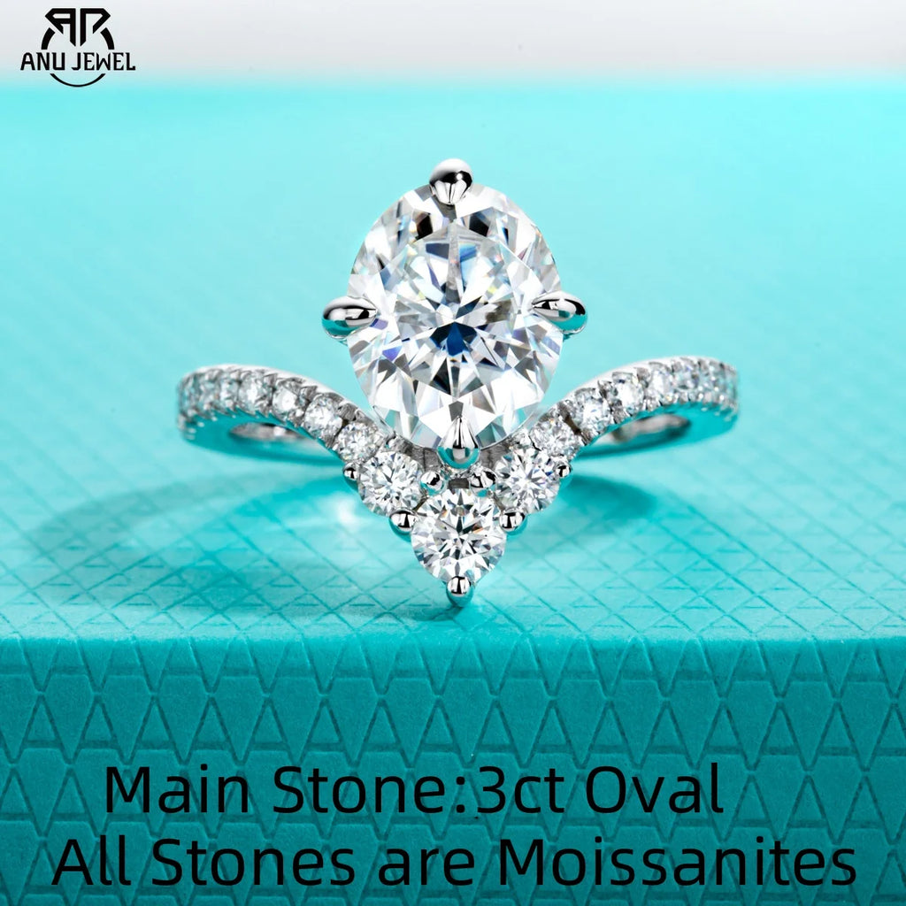 3ct oval moissanite V-shape engagement ring, S925 sterling silver — Aurora Moissanite