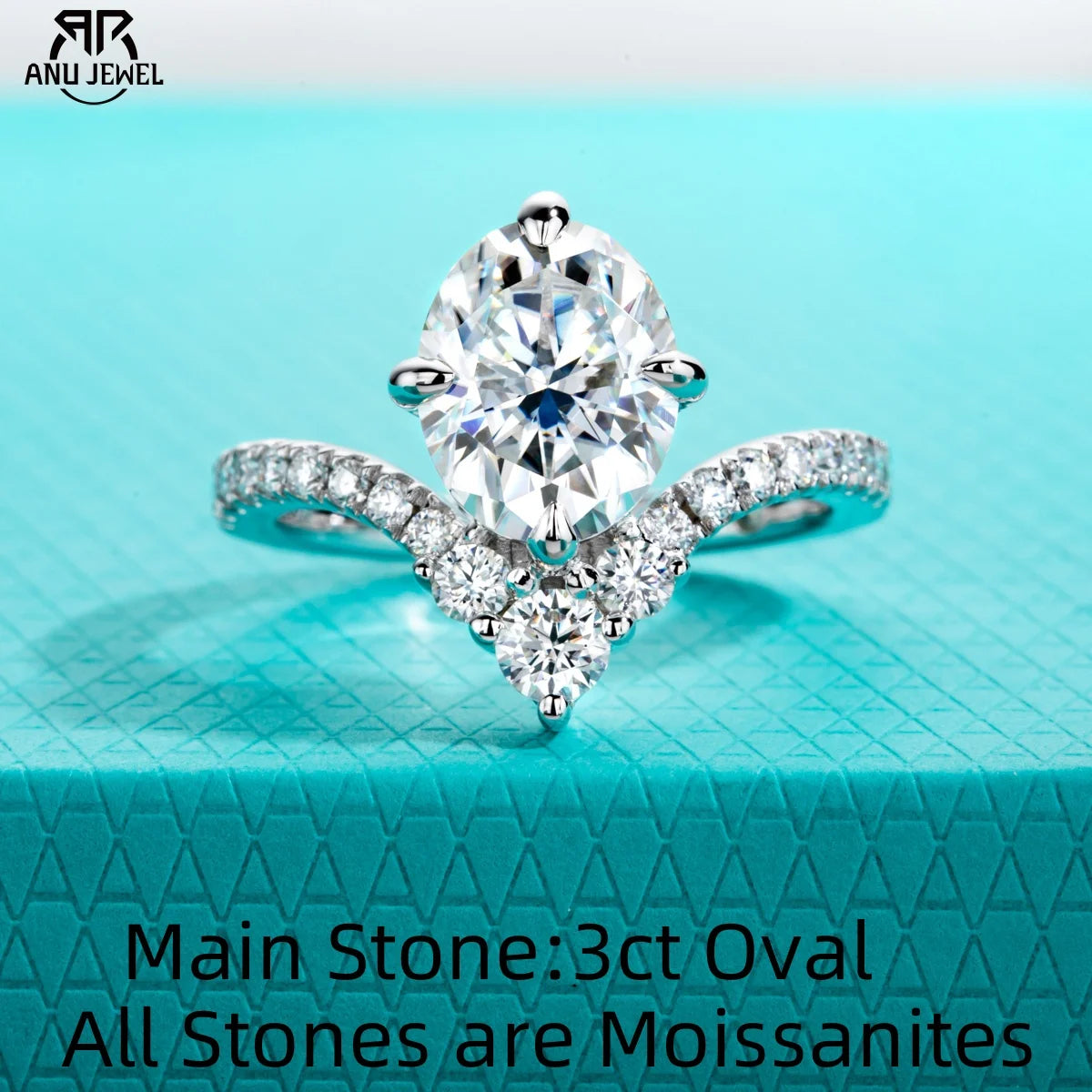 3ct oval moissanite V-shape engagement ring, S925 sterling silver — Aurora Moissanite