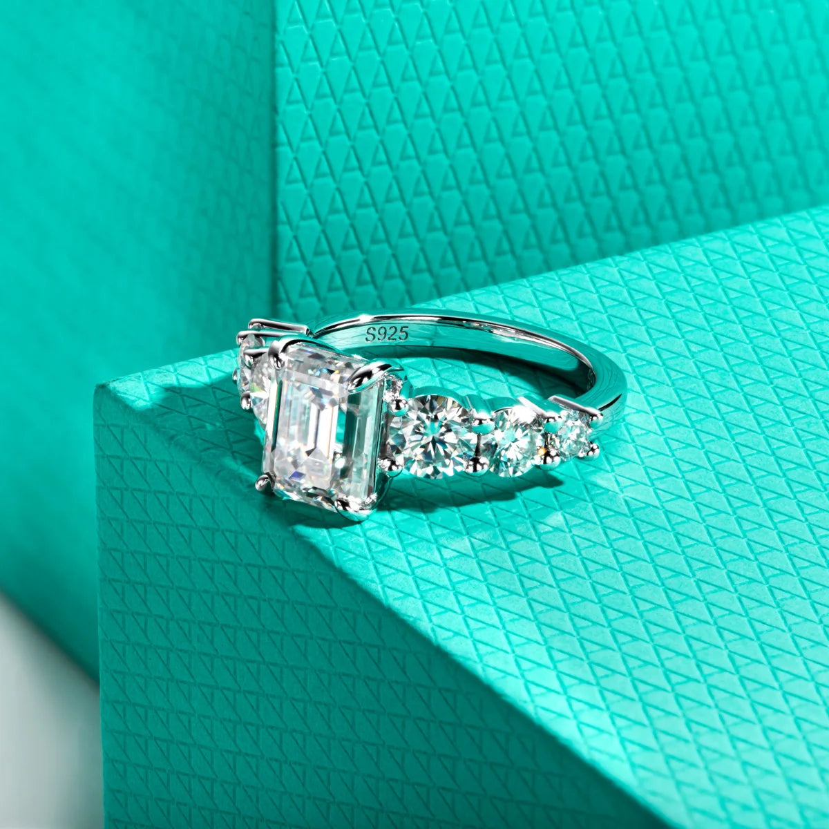 The Kess Ring — 3ct emerald moissanite classic solitaire, front view — Aurora Moissanite