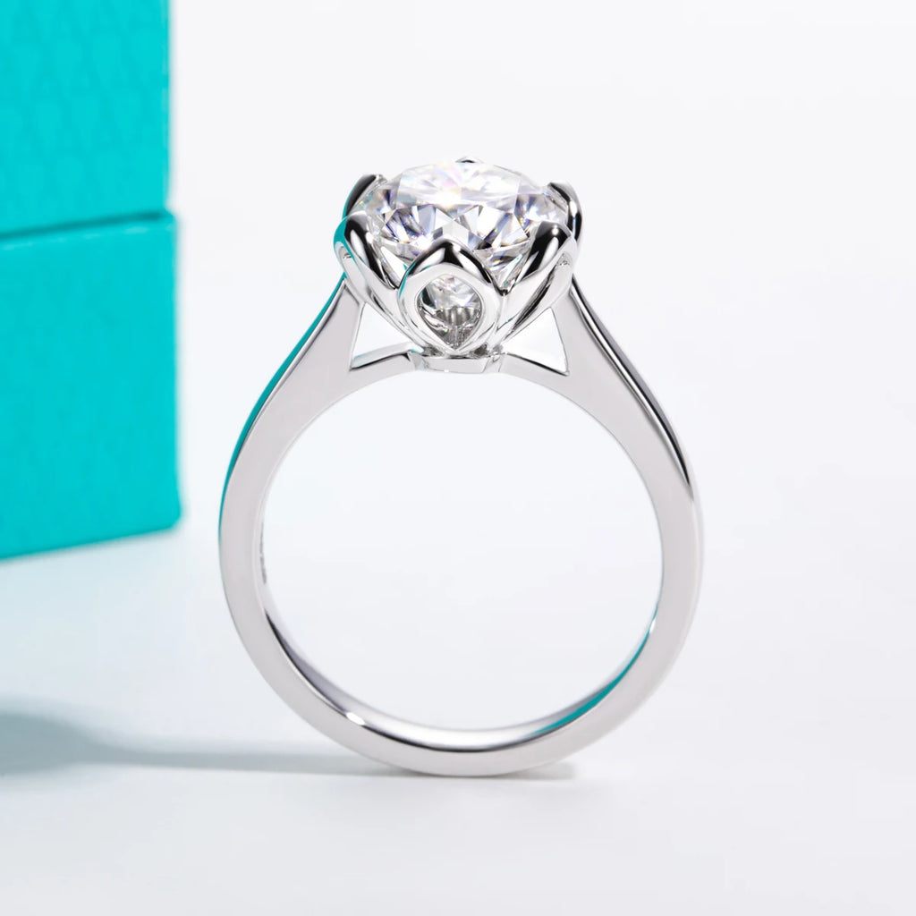 Lotus moissanite ring 3ct D color VVS1, botanical prong detail — Aurora Moissanite