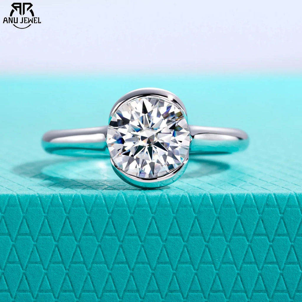 2ct round moissanite half-bezel solitaire, S925 sterling silver — Aurora Moissanite