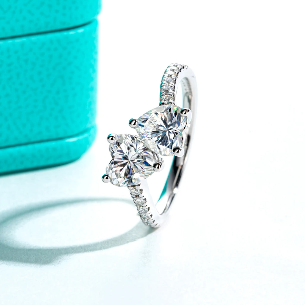 Heart cut moissanite twins 2cttw D color VVS1, two hearts facing inward — Aurora Moissanite