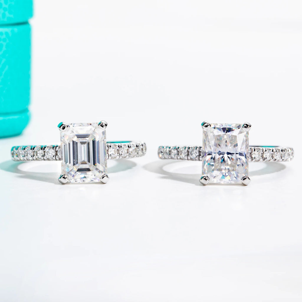 3ct radiant moissanite ring, side profile, 18K gold plated sterling silver — Aurora Moissanite