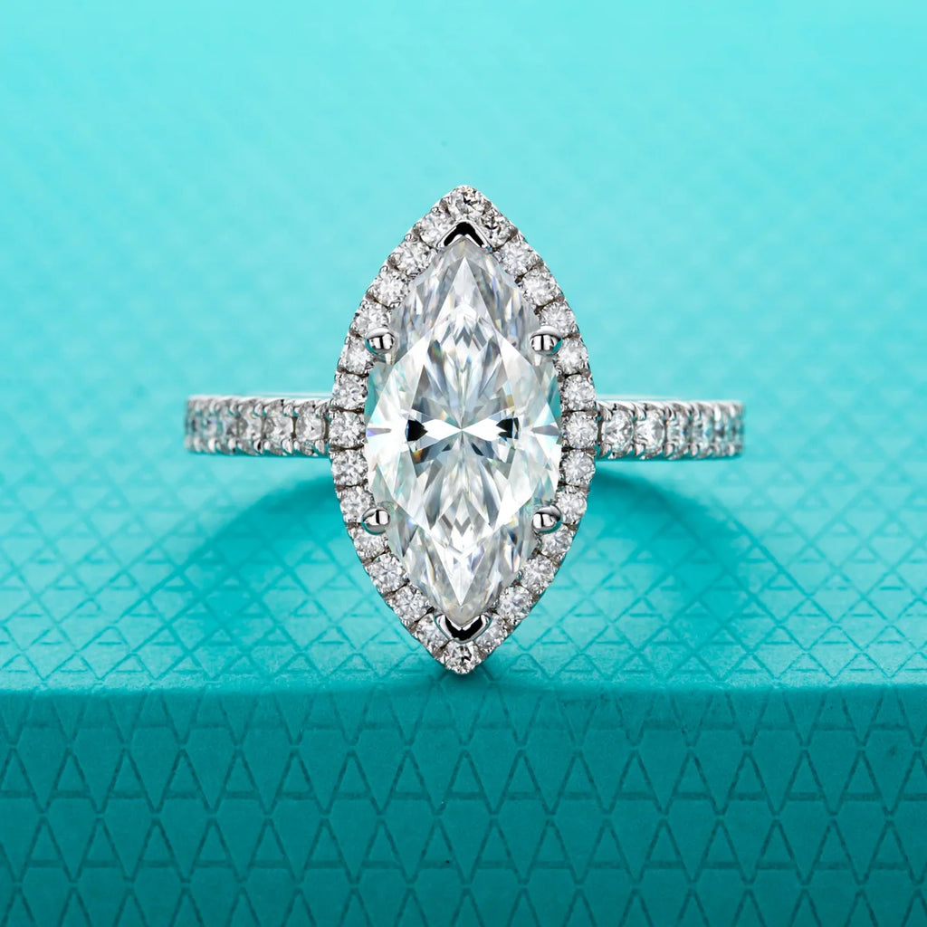 The Cean Ring — 3ct marquise moissanite halo, front view — Aurora Moissanite