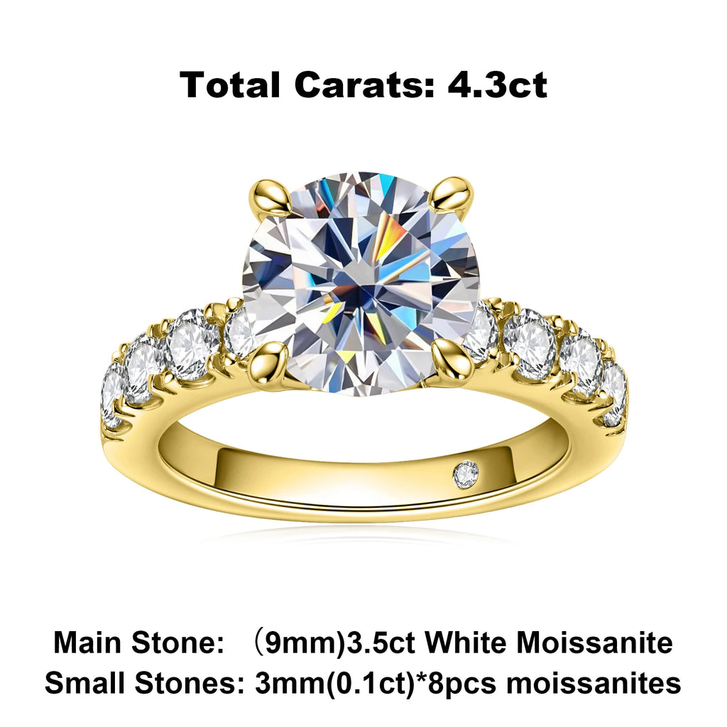 4.3cttw moissanite top view, yellow and white gold options — Aurora Moissanite