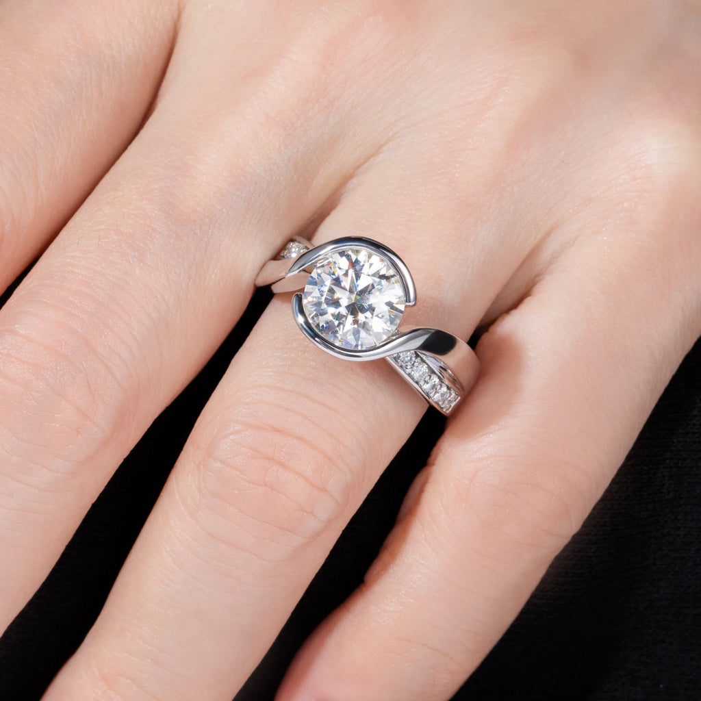 Round moissanite bezel ring top view, 3ct D color in gold frame — Aurora Moissanite