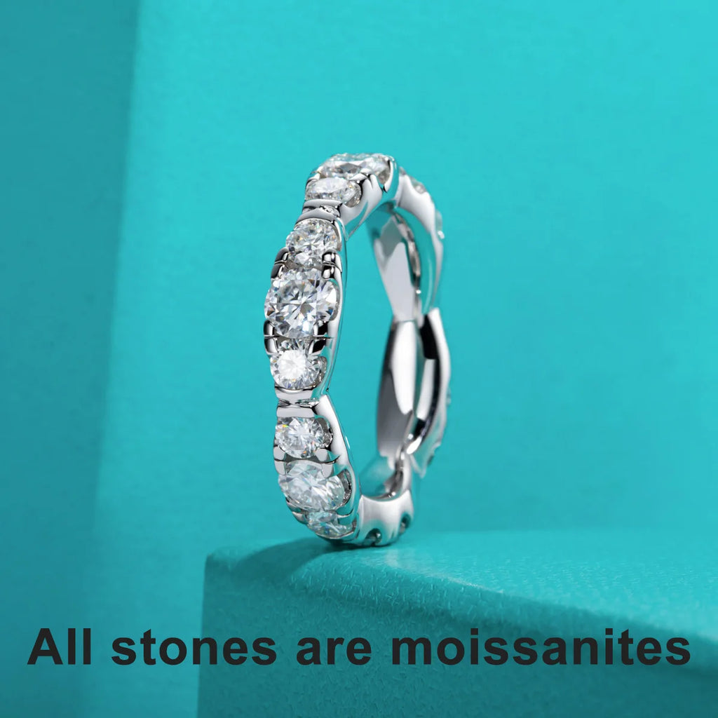 The Cirra Band worn — 3mm moissanite eternity band, 18K white gold plated — Aurora Moissanite