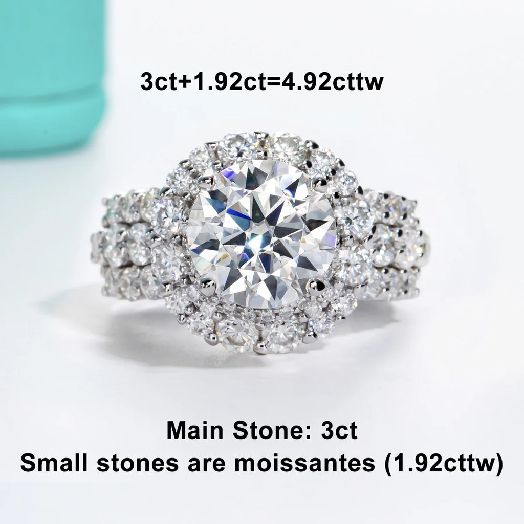 The Lune Ring worn — 4.92cttw moissanite halo, 18K gold — Aurora Moissanite