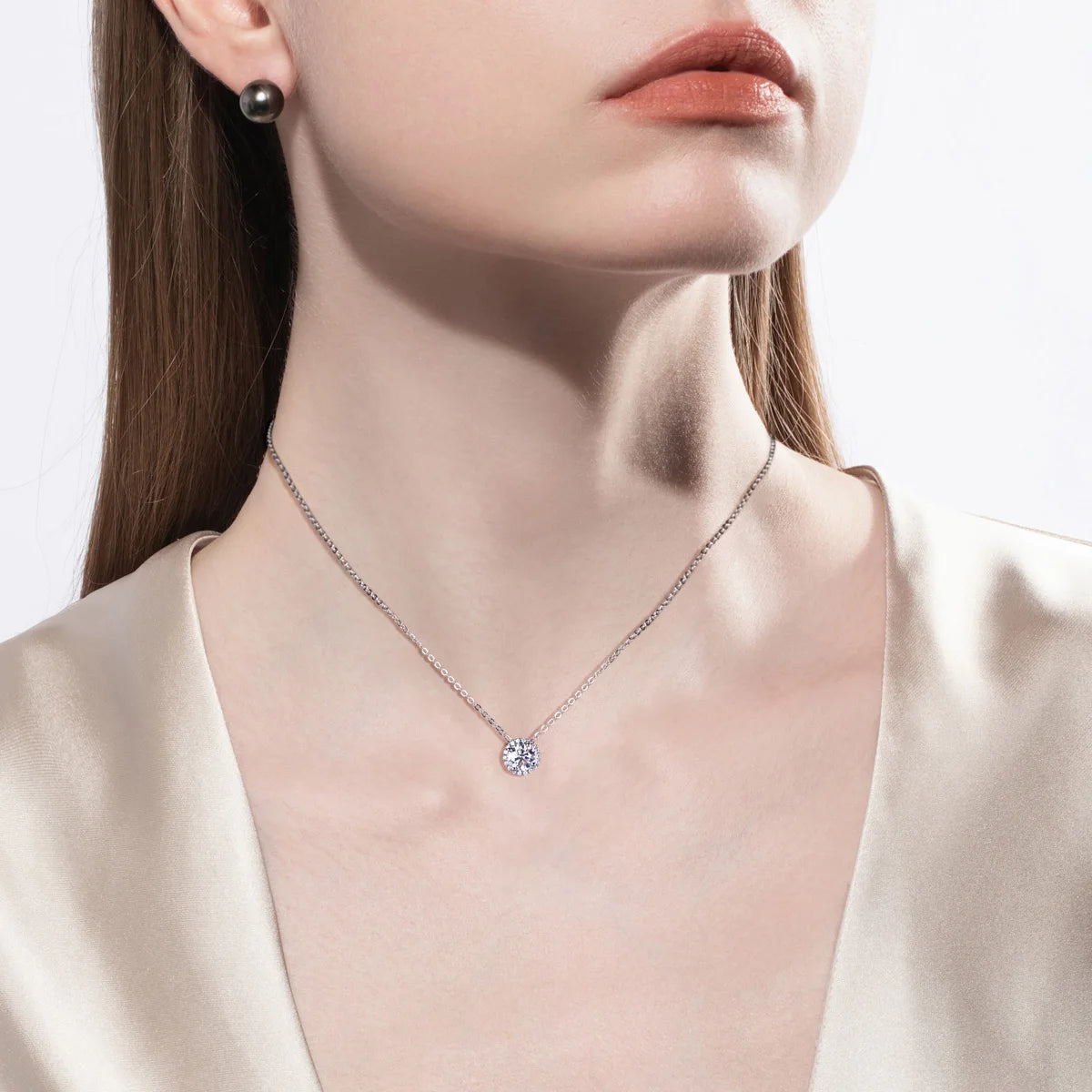 AnuJewel D Color 6.5MM Moissanite Classic Clavicle  Pendant Necklace 925 Sterling Silver Wedding Anniversary Party Birthday Gift