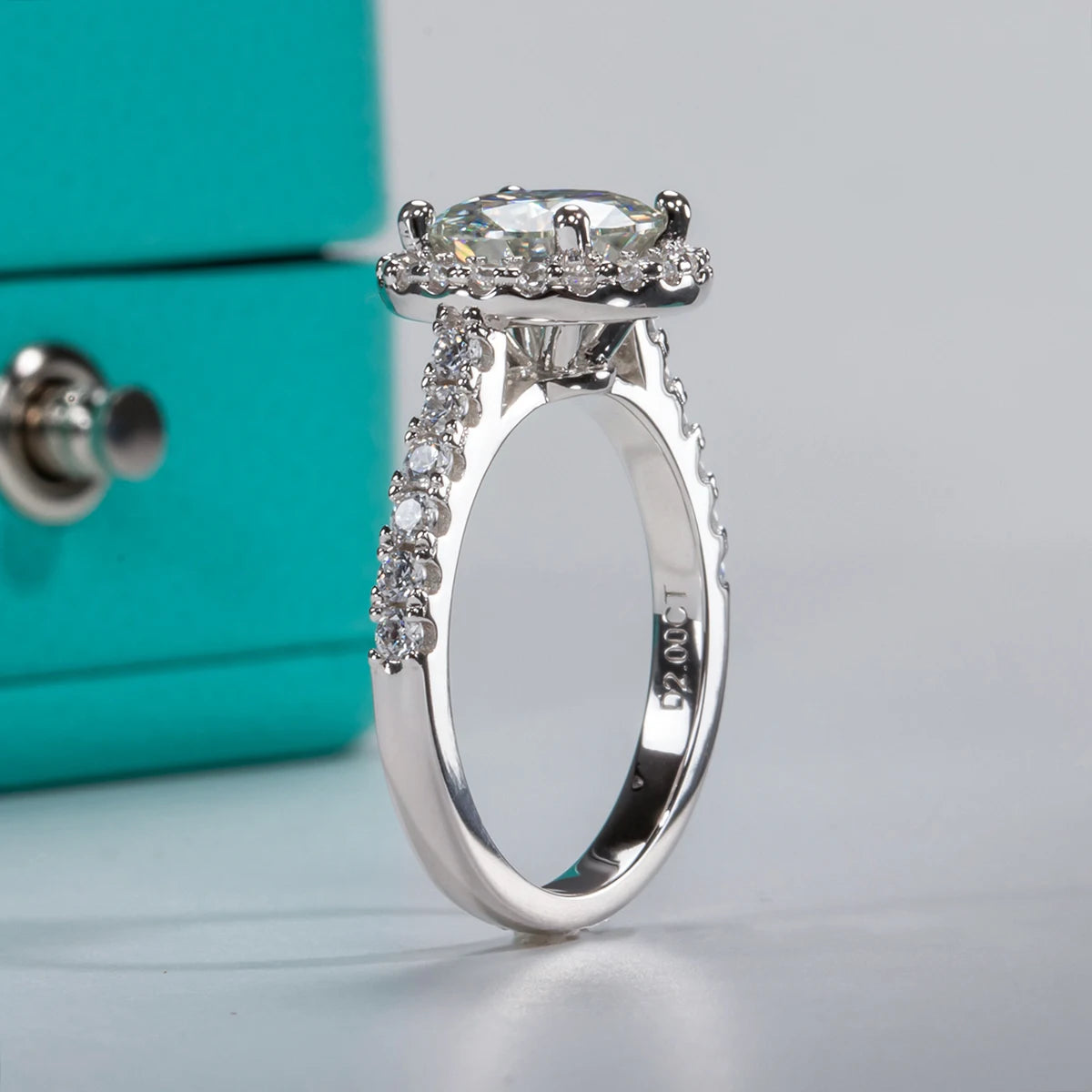 2ct round moissanite halo ring, side profile, 18K white gold plated — Aurora Moissanite