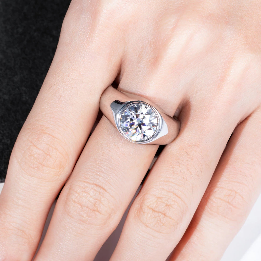 The Avar Ring lifestyle — 4ct moissanite bezel ring worn — Aurora Moissanite