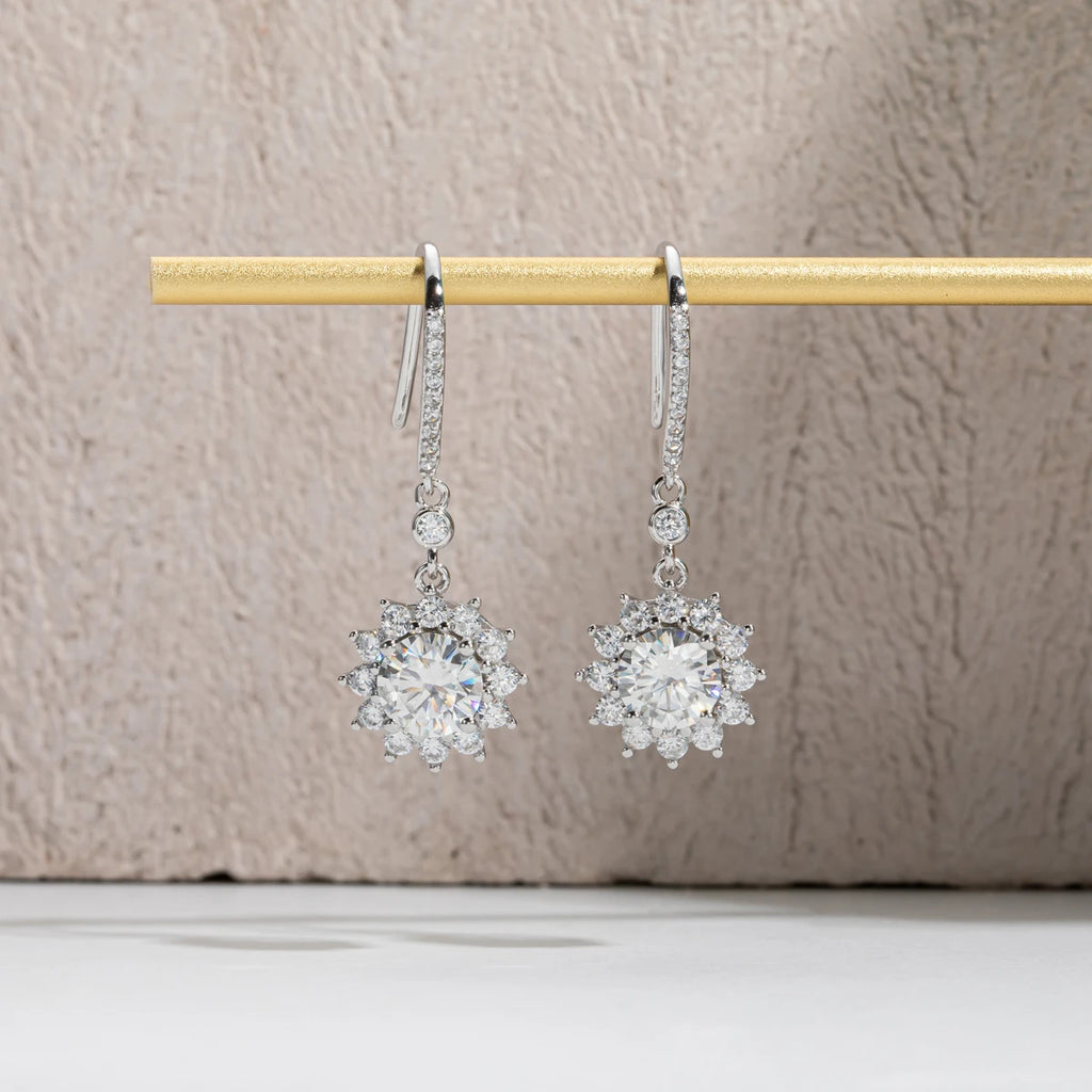1ct sunflower moissanite hook earrings worn — Aurora Moissanite