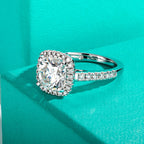 Cushion moissanite 3ct halo D color VVS1, gold halo ring detail — Aurora Moissanite