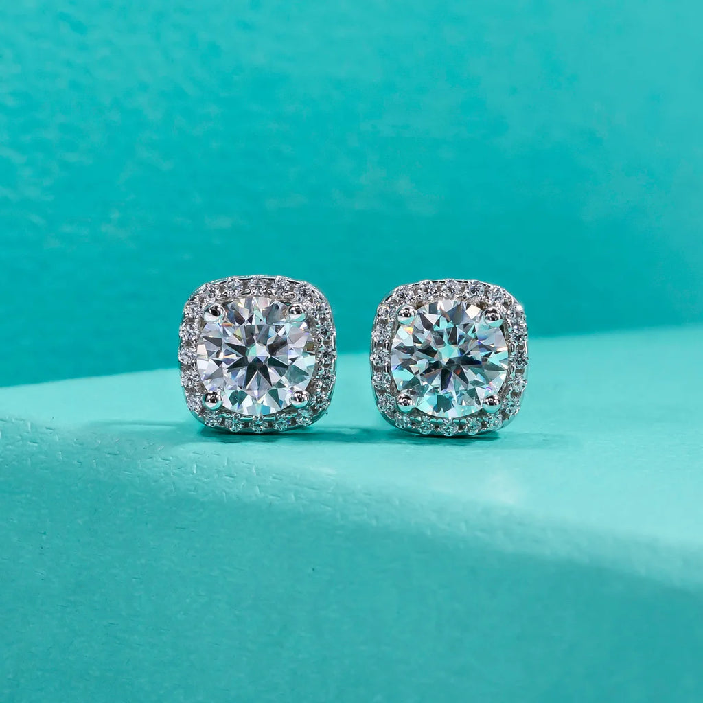 The Luna Earrings — 1cttw 5mm round moissanite studs, front — Aurora Moissanite