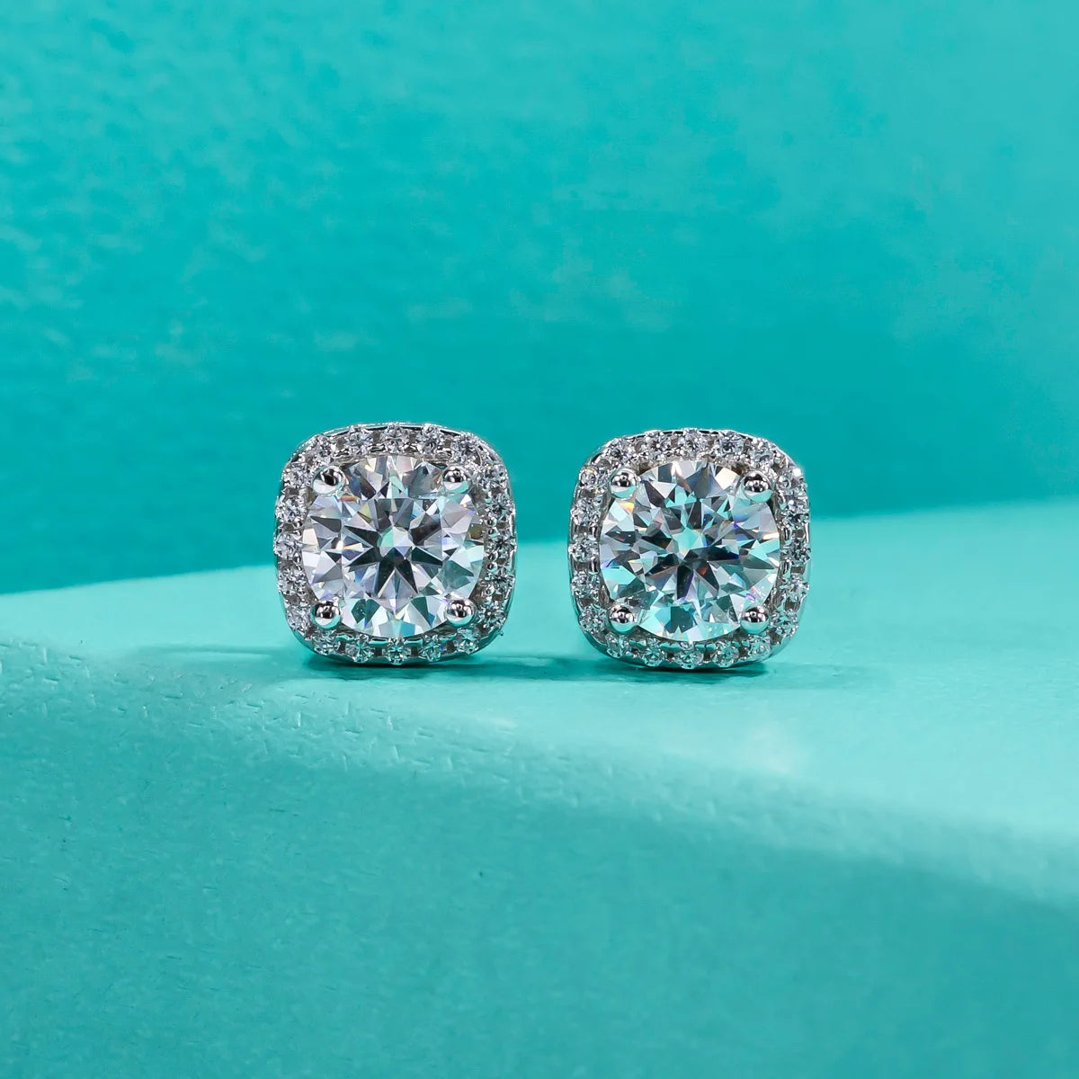 The Luna Earrings — 1cttw 5mm round moissanite studs, front — Aurora Moissanite