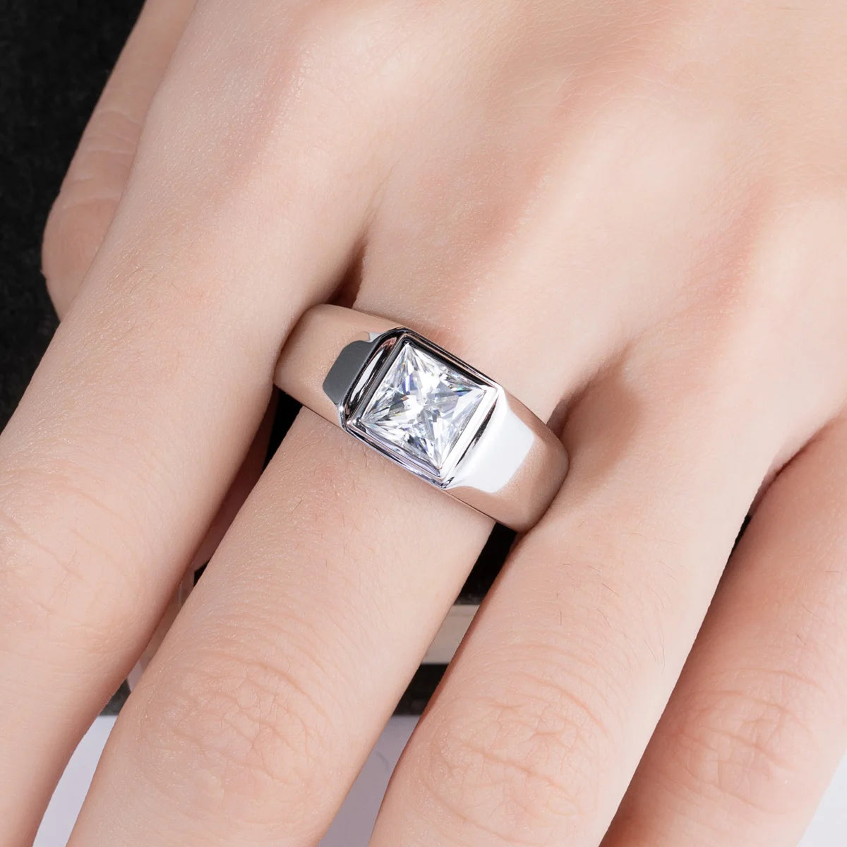 The Rex Ring lifestyle — 2ct princess moissanite men's ring worn — Aurora Moissanite
