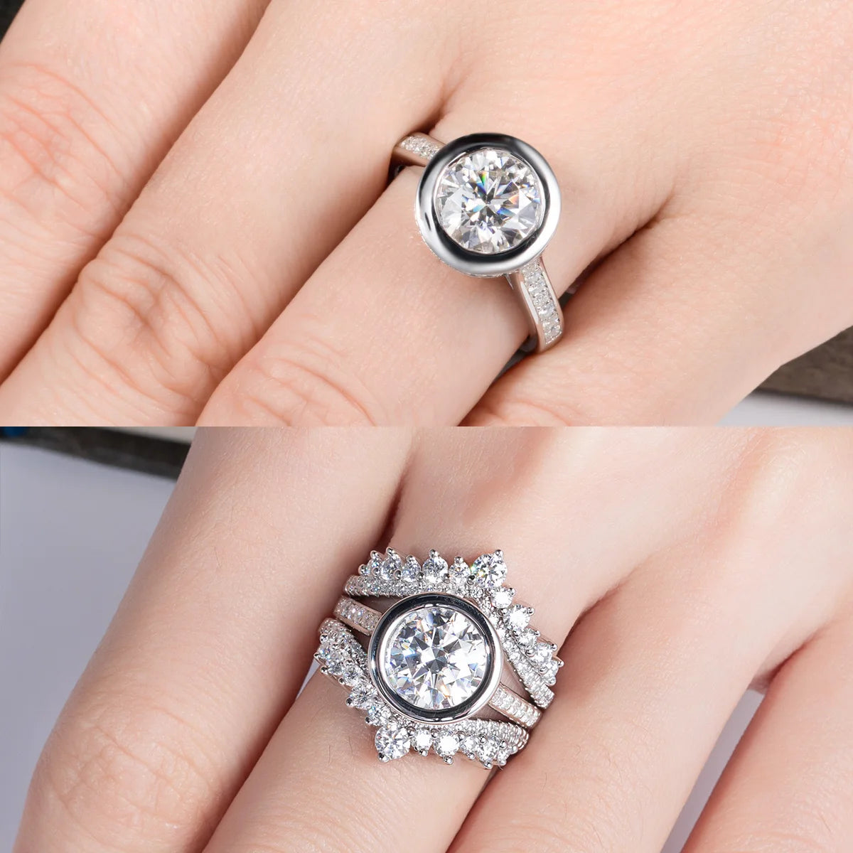 Black gun plated bezel ring top view, 3ct D color moissanite — Aurora Moissanite