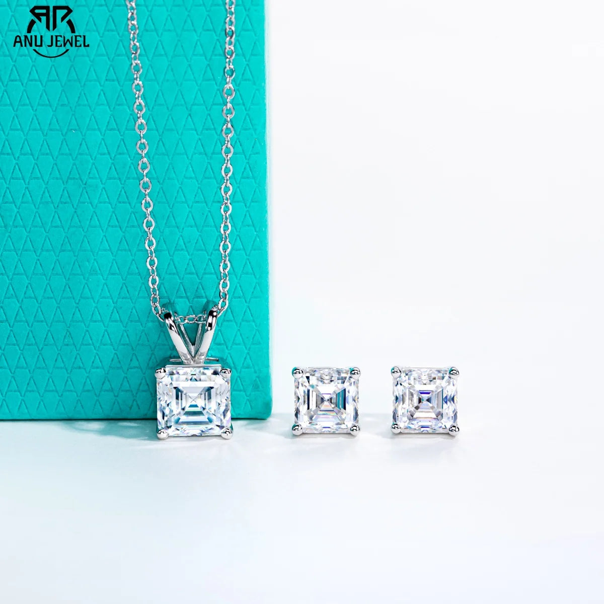 AnuJewel 2-5ct Asscher Moissanite Necklace 0.5-3ct Earrings 925 Sterling Silver 18k Gold Plated Wedding Jewelry Set for Woman