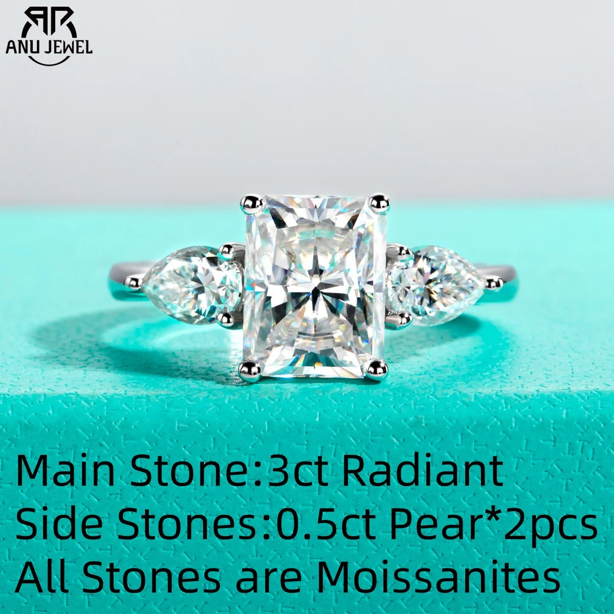 3ct radiant and 0.5ct pear moissanite two-stone ring, 18K gold S925 — Aurora Moissanite