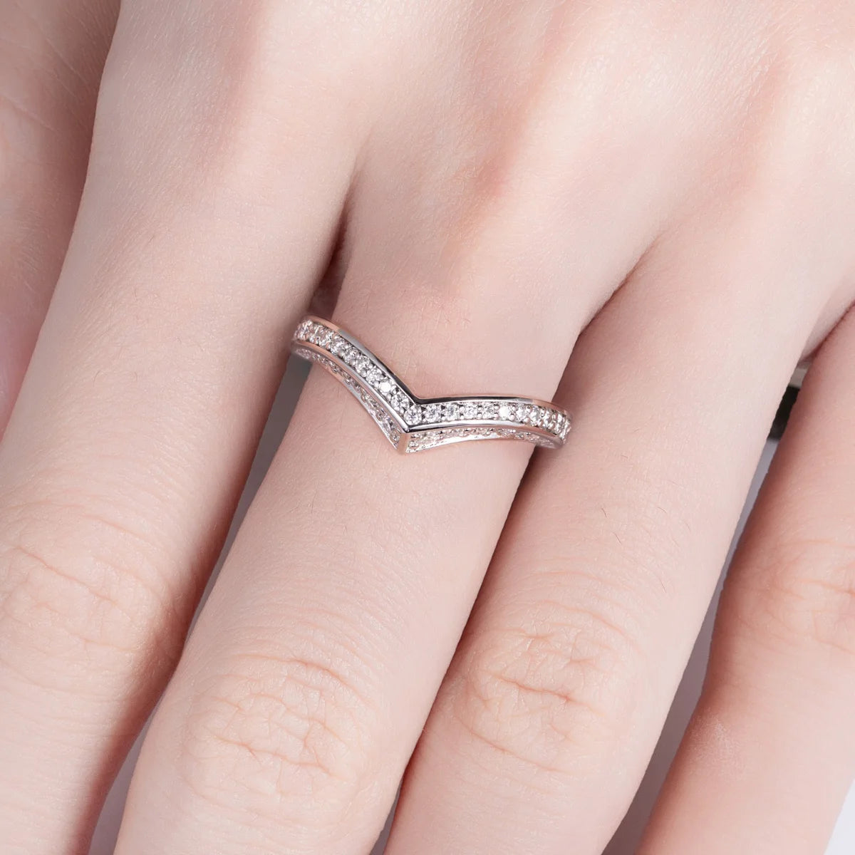 Moissanite V-shape band stacked with engagement ring, 18K gold plated — Aurora Moissanite