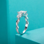 1.5ct princess three-stone moissanite ring, side profile, S925 silver — Aurora Moissanite
