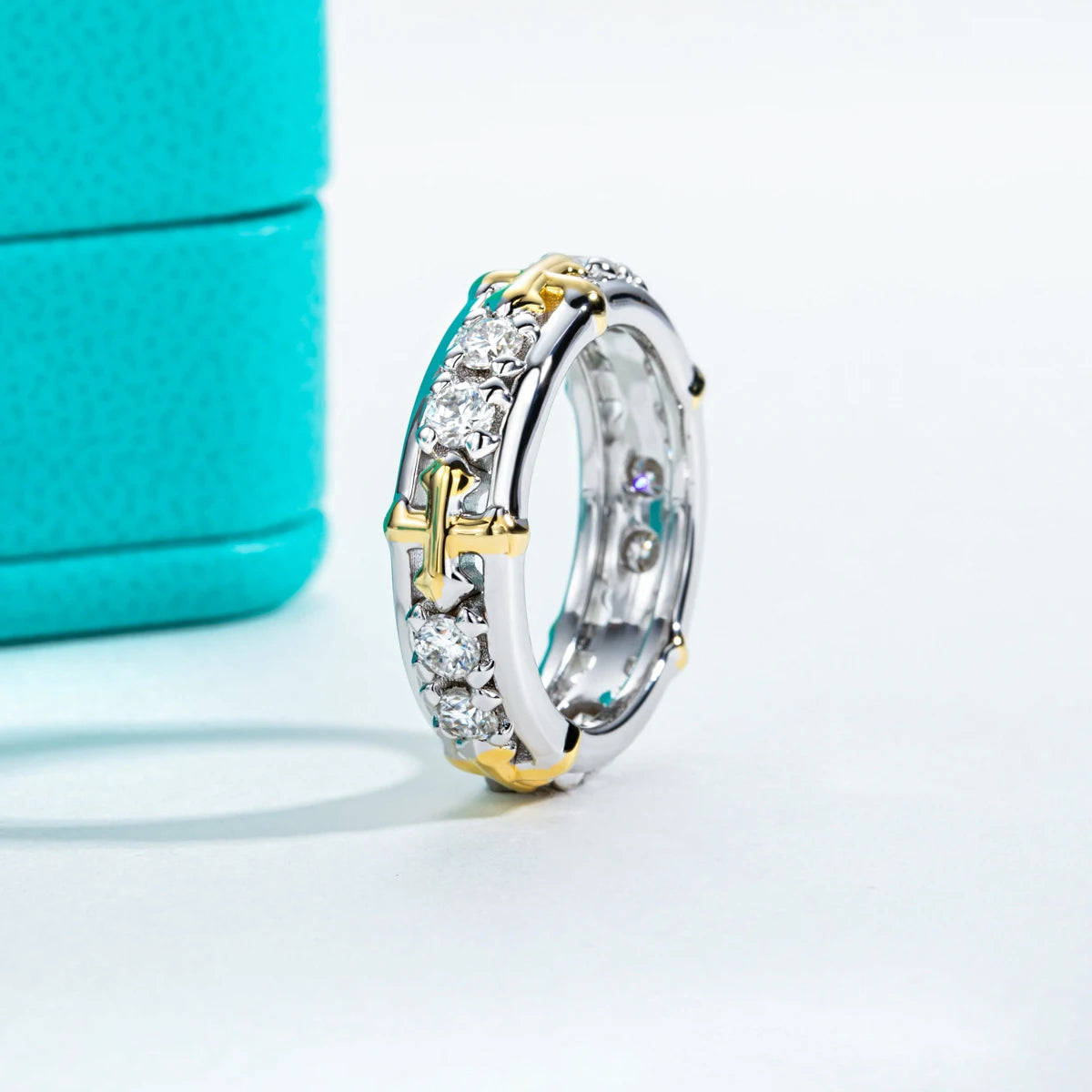 3mm moissanite cross eternity ring, side profile, 18K white gold plated — Aurora Moissanite