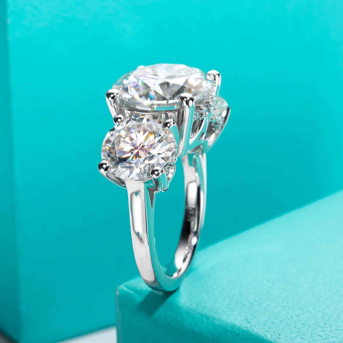 Three-stone moissanite 11cttw D color VVS1, highest carat ring at Aurora — Aurora Moissanite