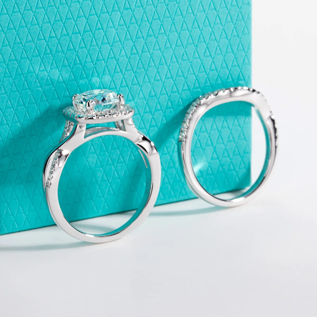 The Iona Ring lifestyle — 2ct halo moissanite bridal set worn on finger — Aurora Moissanite